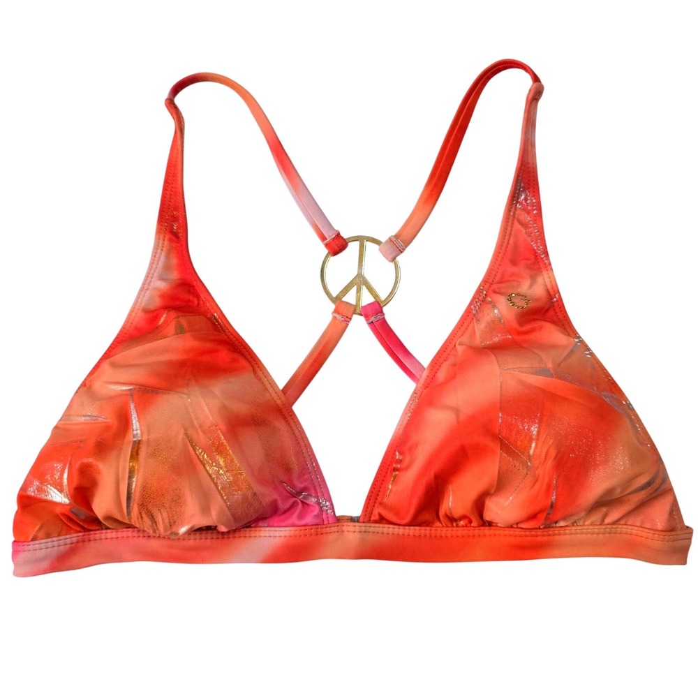 Guess Juniors Size L Bikini Top Orange Pink Gold Peace Sign Strappy Metallic